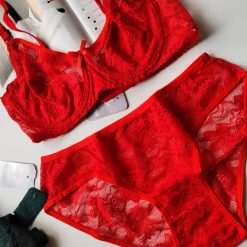 ست شورت و سوتین دانتل فنردار ژوبین مدل اقاقیا قرمز