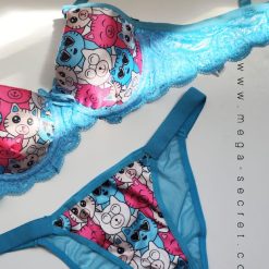 ست شورت و سوتین زنانه اسفنجی طرح گربه آبی رنگ