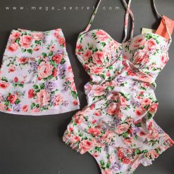 مایو دو تیکه زنانه وارداتی گل گلی صورتی