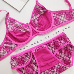 ست شورت و سوتین گیپور ژوبین مدل چهارخونه صورتی آستردار