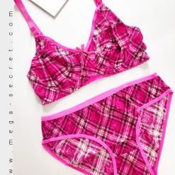 ست شورت و سوتین گیپور ژوبین مدل چهارخونه صورتی