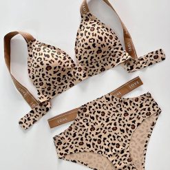 ست شورت و سوتین اسفنجی زنانه مدل پلنگی اروپایی کرم رنگ