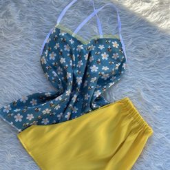 ست تاپ و شلوارک ساتن زنانه گل‌باغ زنبوری سبز