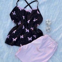 ست تاپ و شلوارک ساتن زنانه مدل پروانه ای مشکی و صورتی