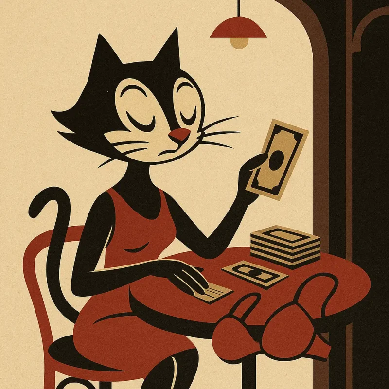 گربه کارتونی در حال شمردن پول برای خرید سوتین