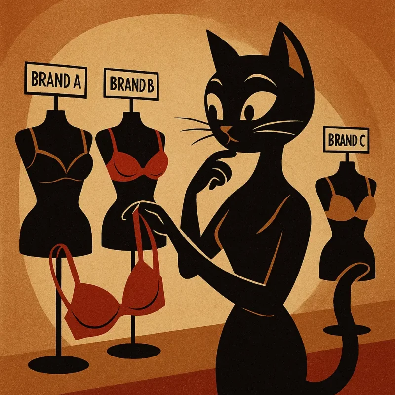 گربه کارتونی در حال انتخاب سوتین ایرانی؛ سبک آرت‌دکو دهه ۵۰