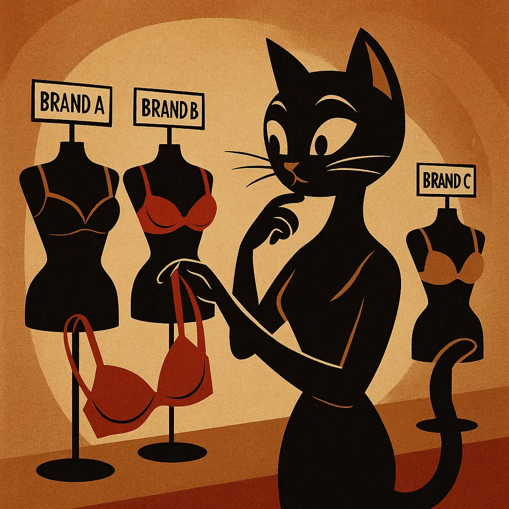 گربه کارتونی در حال انتخاب سوتین ایرانی؛ سبک آرت‌دکو دهه ۵۰