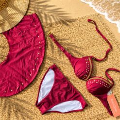 ست مایو بیکینی زنانه سه تکه برند BEACH QUEEN مدل آیشواریا زرشکی